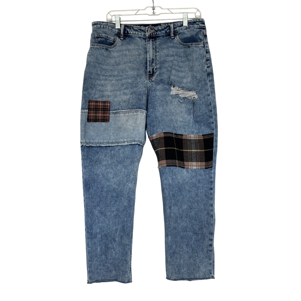 Hollister Ultra High Rise Mom Jeans 15R Acid Wash Plaid Patchwork Distressed
